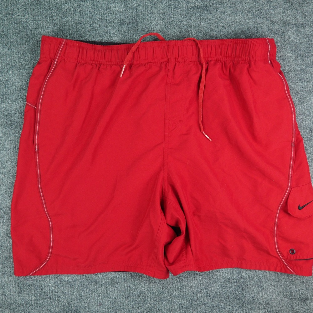 Nike Swim Shorts Mens Large Red Solid Mesh Lined Cargo Pocket Athletic Beach